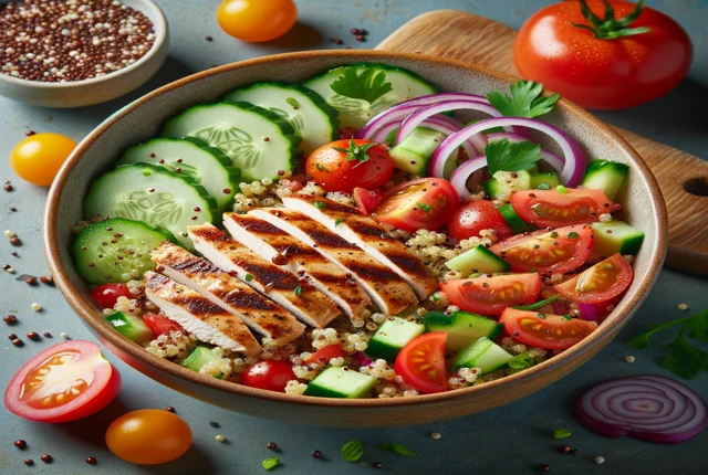 Ensalada de Quinoa para diabéticos Un bol de ensalada de quinoa colorida y apetecible, con quinoa, verduras frescas (pepino, tomate, pimiento rojo, cebolla morada), pollo a la plancha y un aderezo ligero.