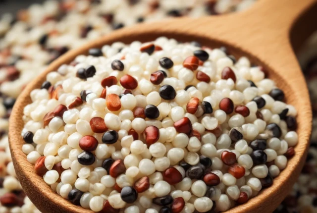 Un-primer-plano-de-la-quinoa-cocida-mostrando-su-textura-esponjosa-y-su-color-blanco-rojo-y-negro Ensalada de Quinoa para Diabético